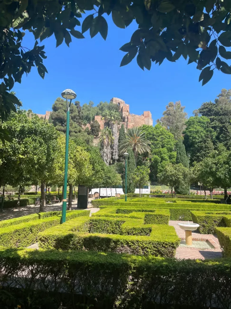 Jardines de Pedro Luis Alonso, con sus setos recortados, y la Alcazaba de Málaga asomando entre los árboles